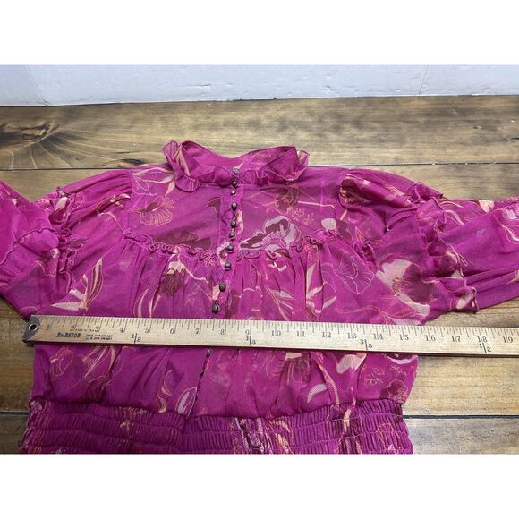 Free People Time For Shine Mesh Cropped Smocked Pink Purple Floral Blouse Top L - Picture 8 of 12